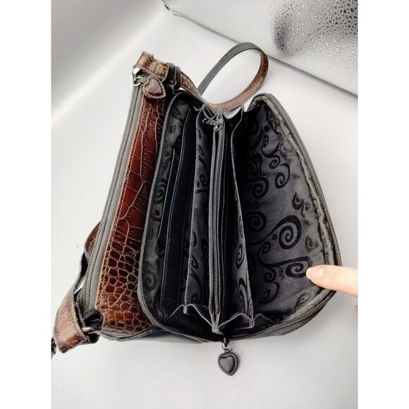 Brighton Brown Black Croc Embossed Leather Crossbody Purse Heart Charm Wallet - Picture 6 of 9